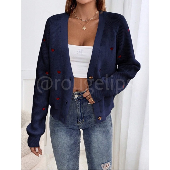 Embroidered Red Hearts Cardigan Navy Blue Oversized - Picture 5 of 9